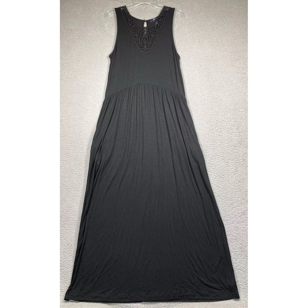 Gap Dress Women's Large Black Sleeveless Maxi Jersey Stretch Crochet V‎ Neck